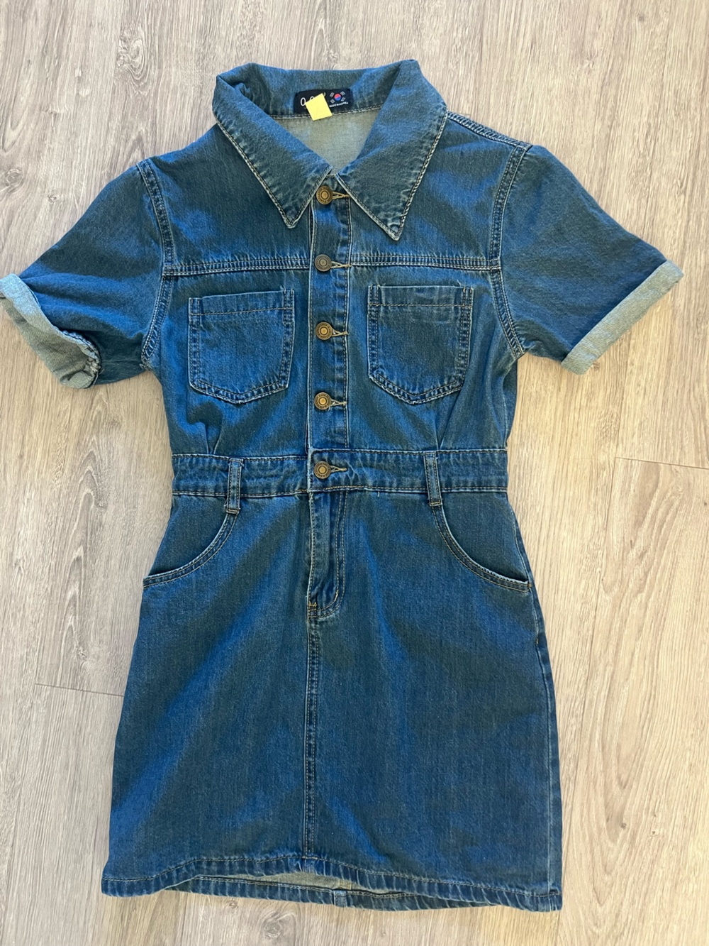 Denim Short-Sleeve Button Front Dress - Blue